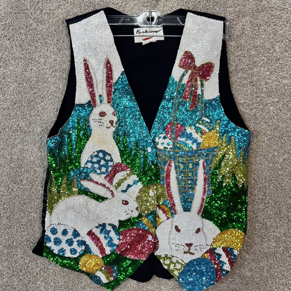 Fashion Fantasy Vest Womens S Easter Bunny Sequin Multicolor Kitsch EUC